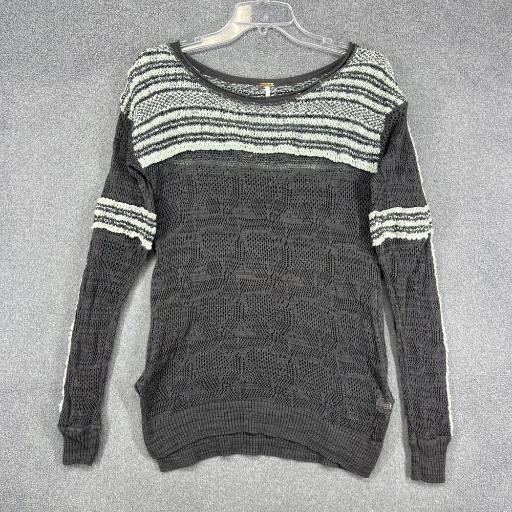 Free People Sweater Womens Medium Gray Striped Crochet Open Knit Boho Pullover
